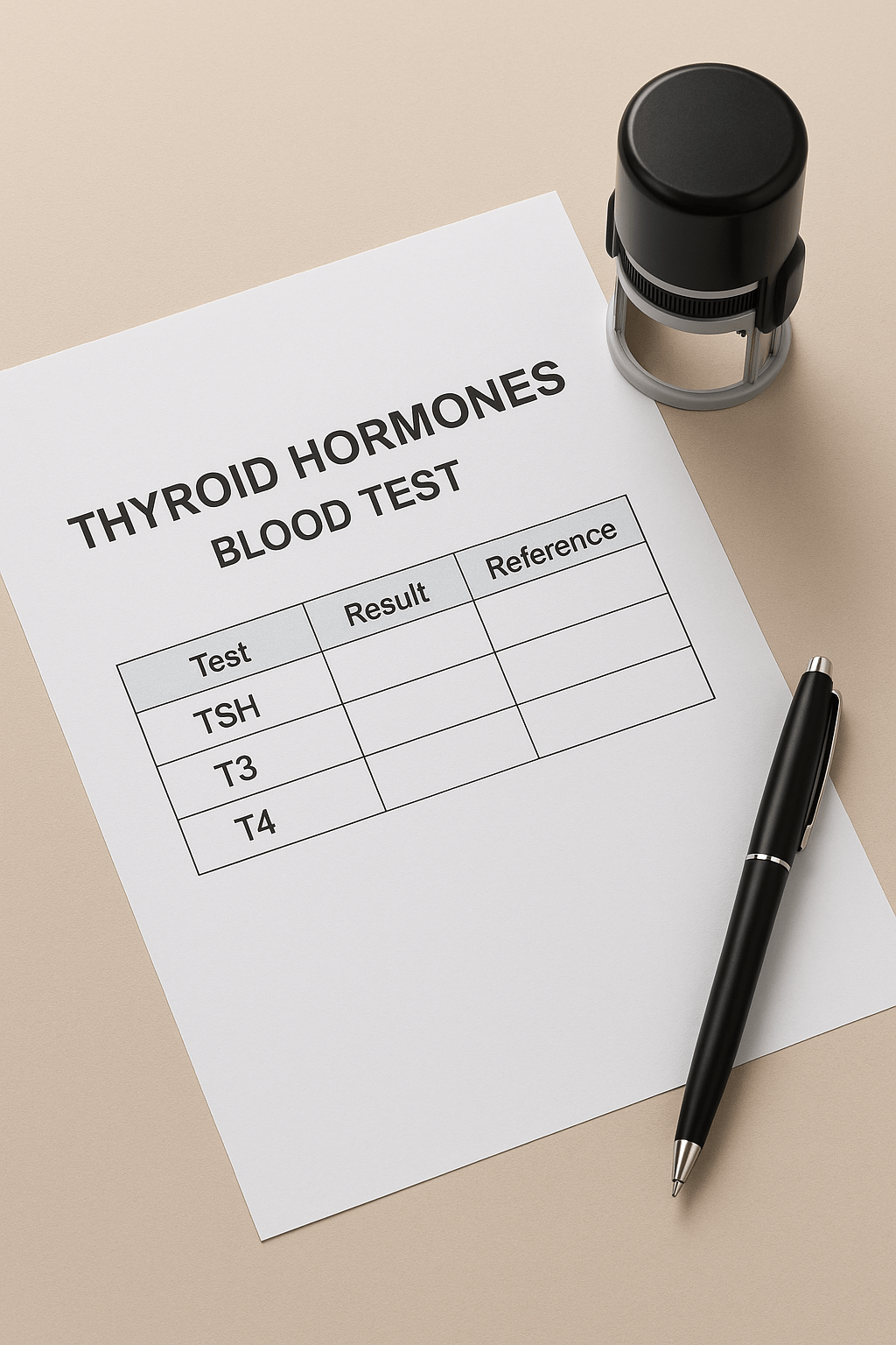 تقرير تحليل هرمونات الغدة الدرقية مطبوع على ورقة بيضاء بعنوان Thyroid Hormones Blood Test، يحتوي على جدول منظم لاختبارات TSH وT3 وT4 بدون بيانات، موضوع على مكتب مع قلم وآلة ختم.